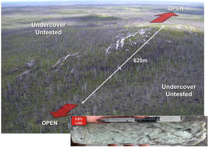 Arial view of the Central Pontax lithium pegamtite swarm looking towards the south west