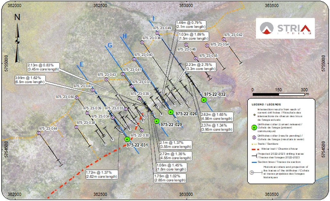 Figure 1: Plan view of Pontax Central with the location of all drilling to date, highlighting recent results with section locations.